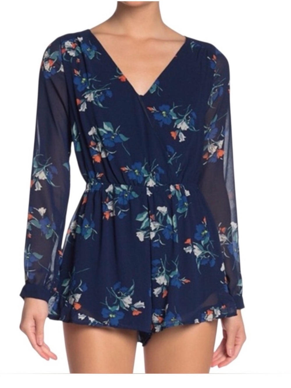ASTR Women’s Navy Floral Surplice Ruffle Romper Jumpsuit, size M